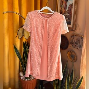 Vintage Pink Floral Lace Mesh Lined Shortsleeved MIDI Dress with Tie Back